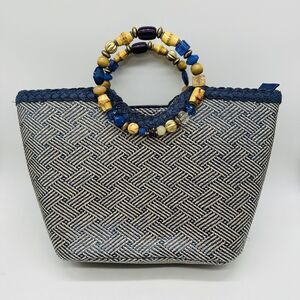 Blue Miami Woven Beaded Handles Purse Tote Navy 15x9